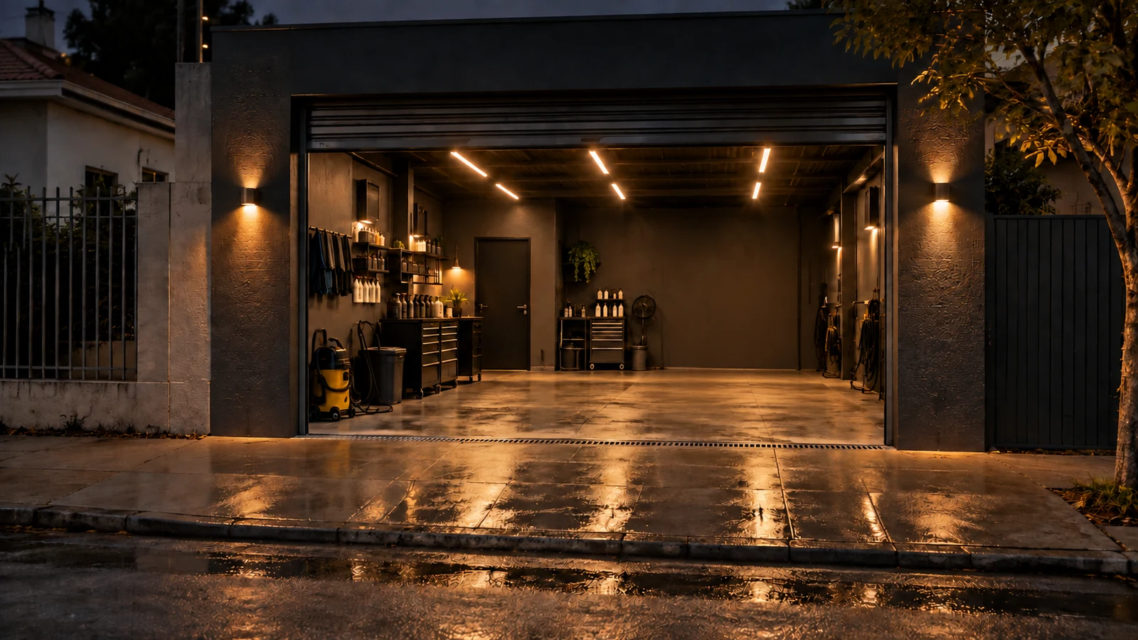 Fachada da garagem à noite, com as luzes internas acesas e o piso molhado refletindo.
